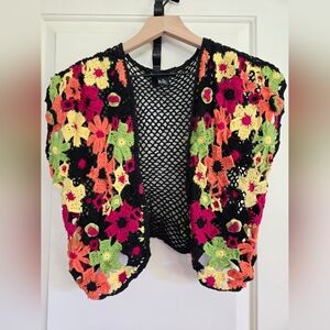 MAURICE SASSON RARE black and colorful crochet bolero cardigan | size medium